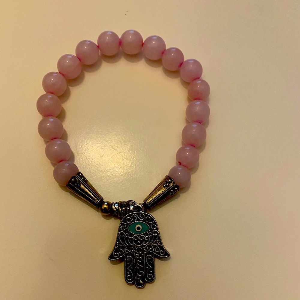 Rose quartz bracelet with Hamsa charm for love and peace